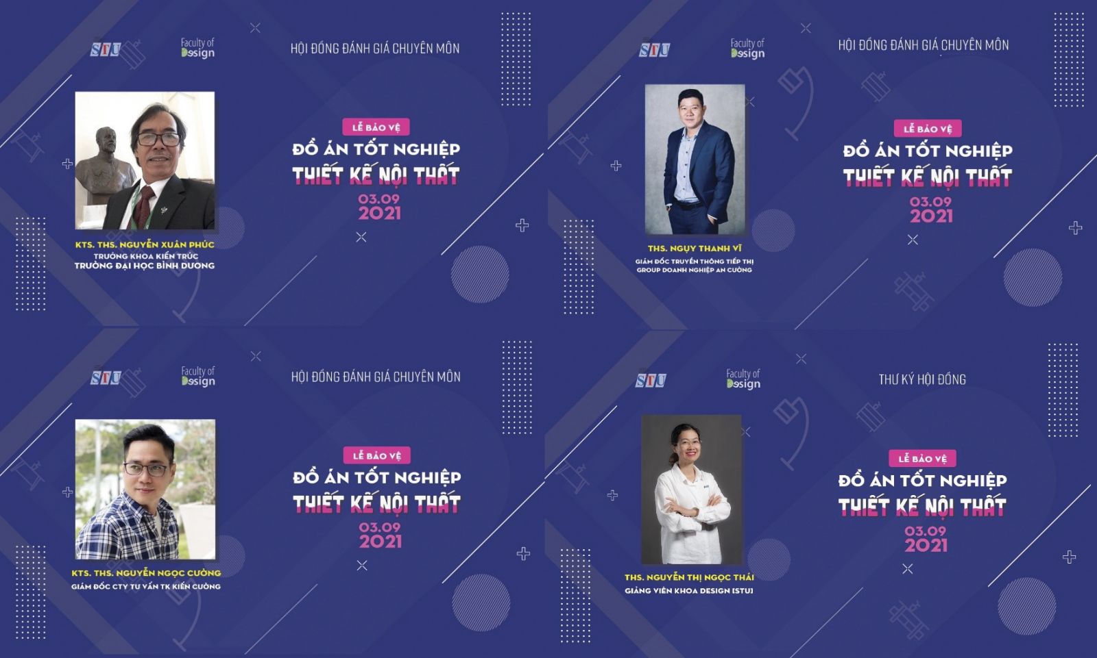 KTS. ThS. Nguyễn Xuân Phúc – Trưởng khoa Kiến trúc- Đại học Bình Dương- Chủ tịch hội đồng,  ThS. Ngụy Thanh Vĩ, Giám đốc PR & Marketing  Cty Cổ phần Gỗ An Cường - Ủy viên